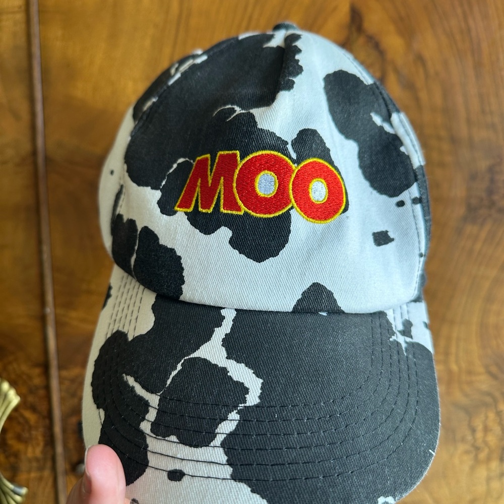Cow Print Baseball Cap with 'MOO' Patch - Black & White